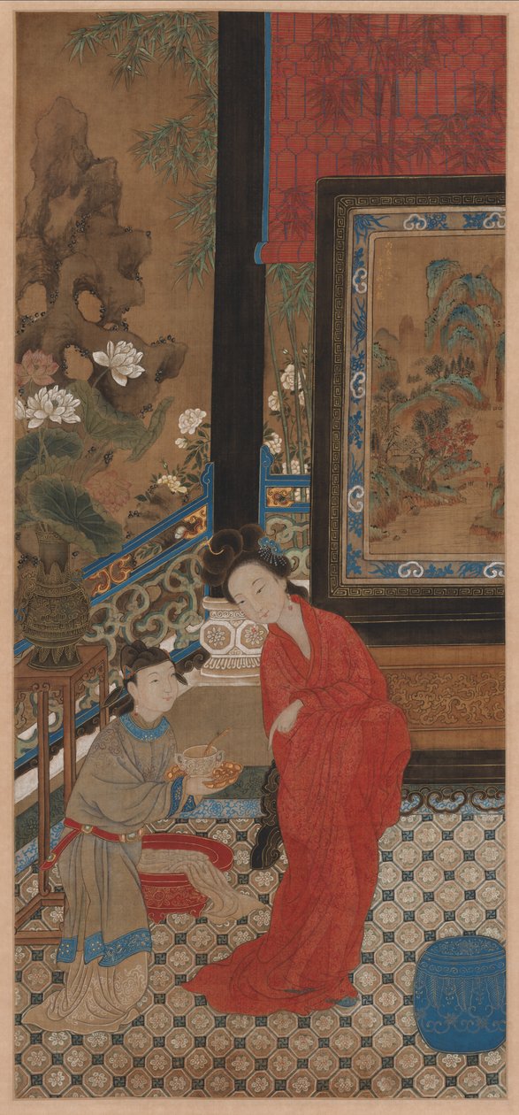 Yang Guifei a sair do banho de Qing Dynasty Chinese School