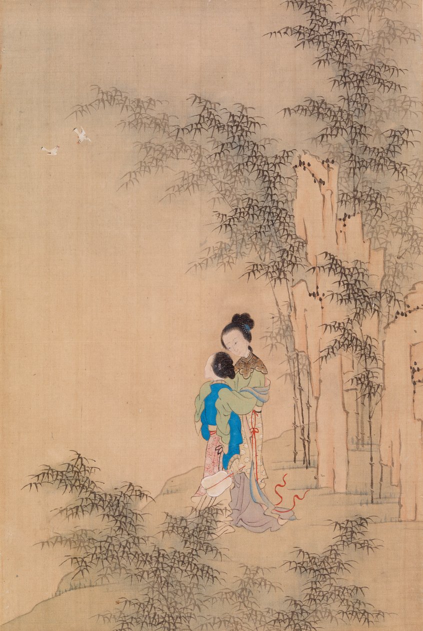 Duas figuras que se abraçam na Paisagem de Qiu Ying