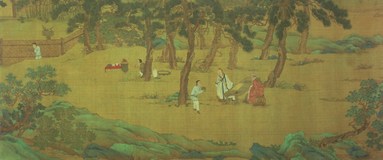 Zhao Mengfu escrevendo o Sutra do Coração em troca de chá de Qiu Ying