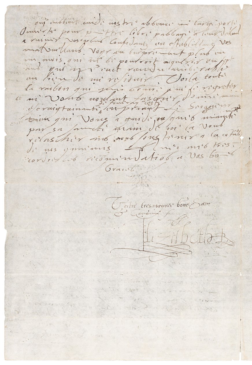 Carta em francês de Elizabeth I da Inglaterra a Henrique de Navarra, mais tarde Henrique IV da França, c.1585 de Queen Elizabeth I of England and