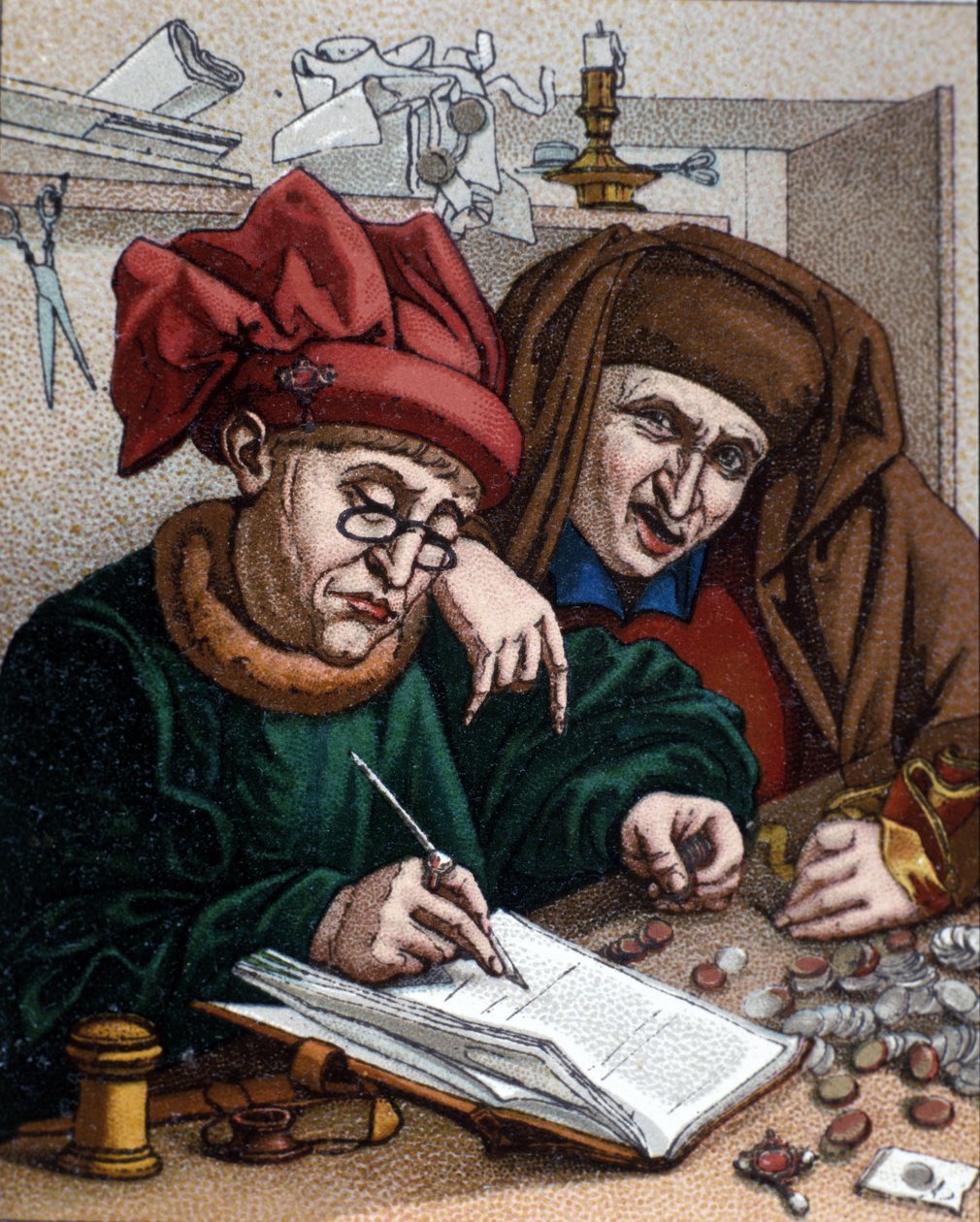 Financiadores de dinheiro. Esta actividade levou à criação de bancos. Ilustração inspirada na pintura de Metsys. Século XIX de Quentin (after) Massys or Metsys