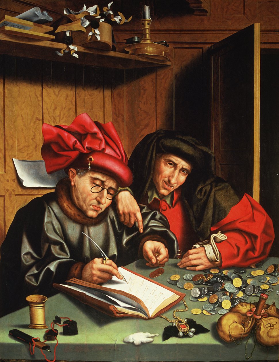 The Money Lenders (óleo sobre painel de carvalho) de Quentin (attr. to) Massys or Metsys