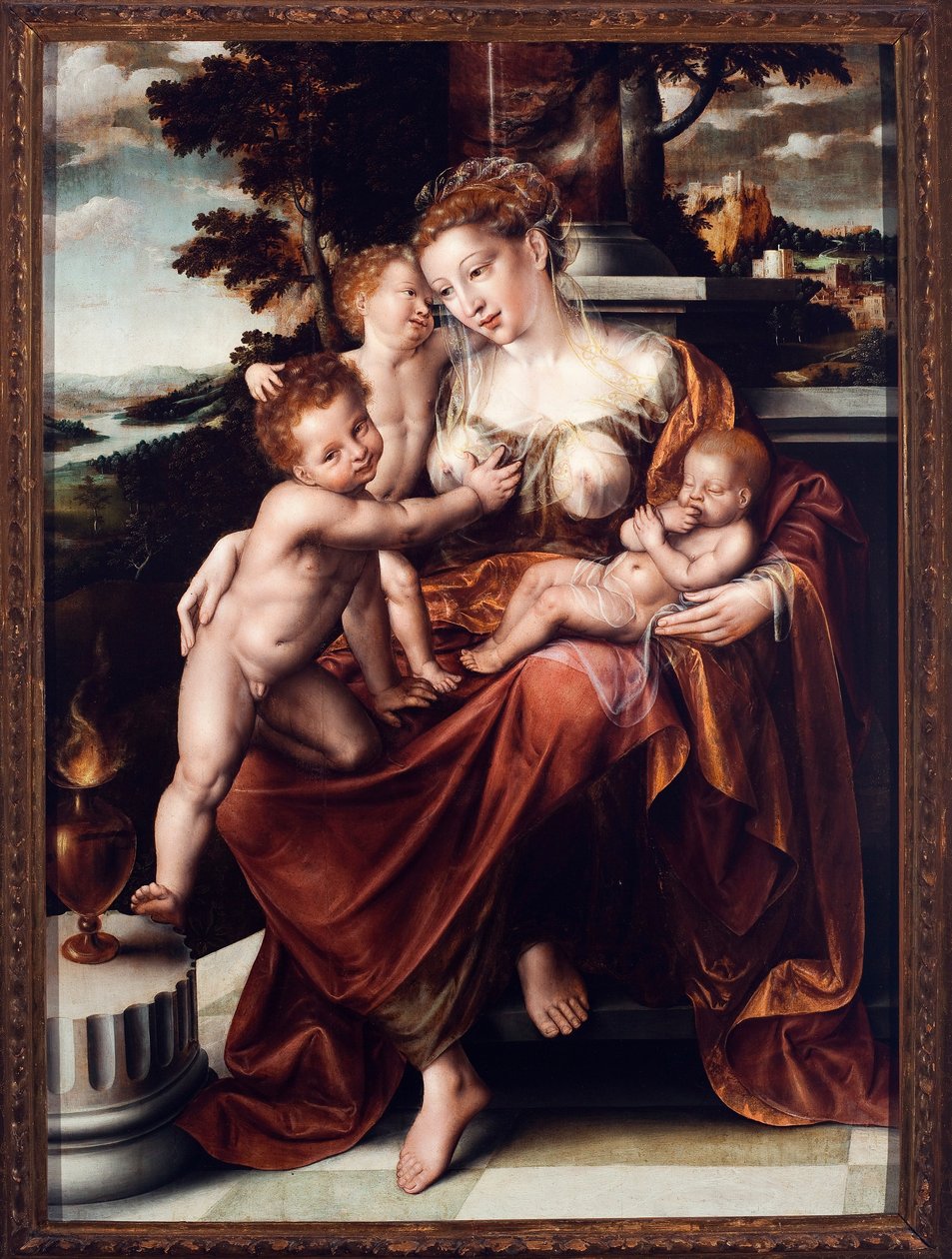 Caridade alegórica. Pintura por Jan Massys (Matsys ou Metsys ou Matsijs) (1509-1575) 1549-1550 Dim. 126x93 cm Genes, Musei di Strada Nuova (ex Palazzo Bianco) de Quentin Massys or Metsys