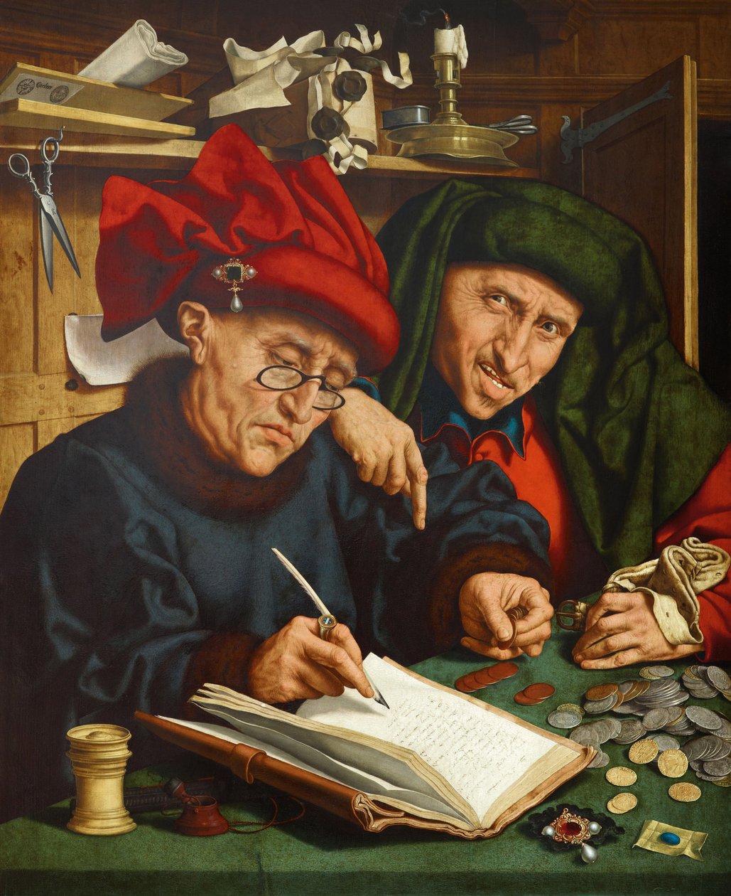 Cobradores de impostos. (Os Cobradores de Impostos) Pintura de Quentin Metsys (ou Quinten Matsys) (1466-1530), óleo sobre madeira, cerca de 1520. Arte primitiva flamenga de Quentin Massys or Metsys