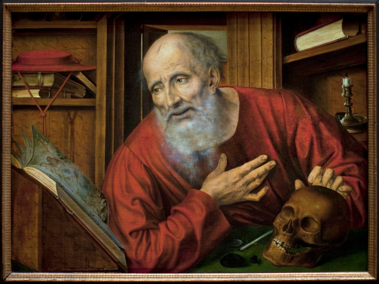 São Jerônimo em sua cela. Pintura de Quentin Metsys (Quinten Massys) (1466-1530), primeira metade do século XVI, arte primitiva flamenga. Museu Kunsthistorisches, Viena, Áustria. de Quentin Massys or Metsys