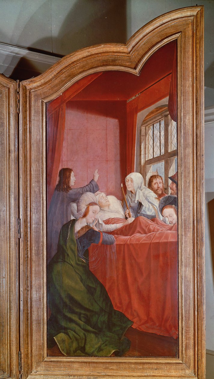 O parentesco sagrado, ou o retábulo de Santa Ana, detalhe do painel direito representando a morte de Santa Ana, 1509 de Quentin Massys or Metsys