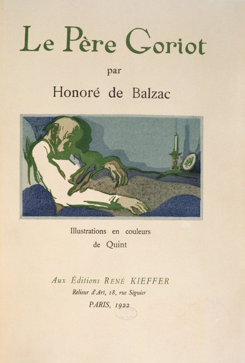 Página de título de &39;Le Pere Goriot&39; por Honore de Balzac, publicado em 1922 de Quint