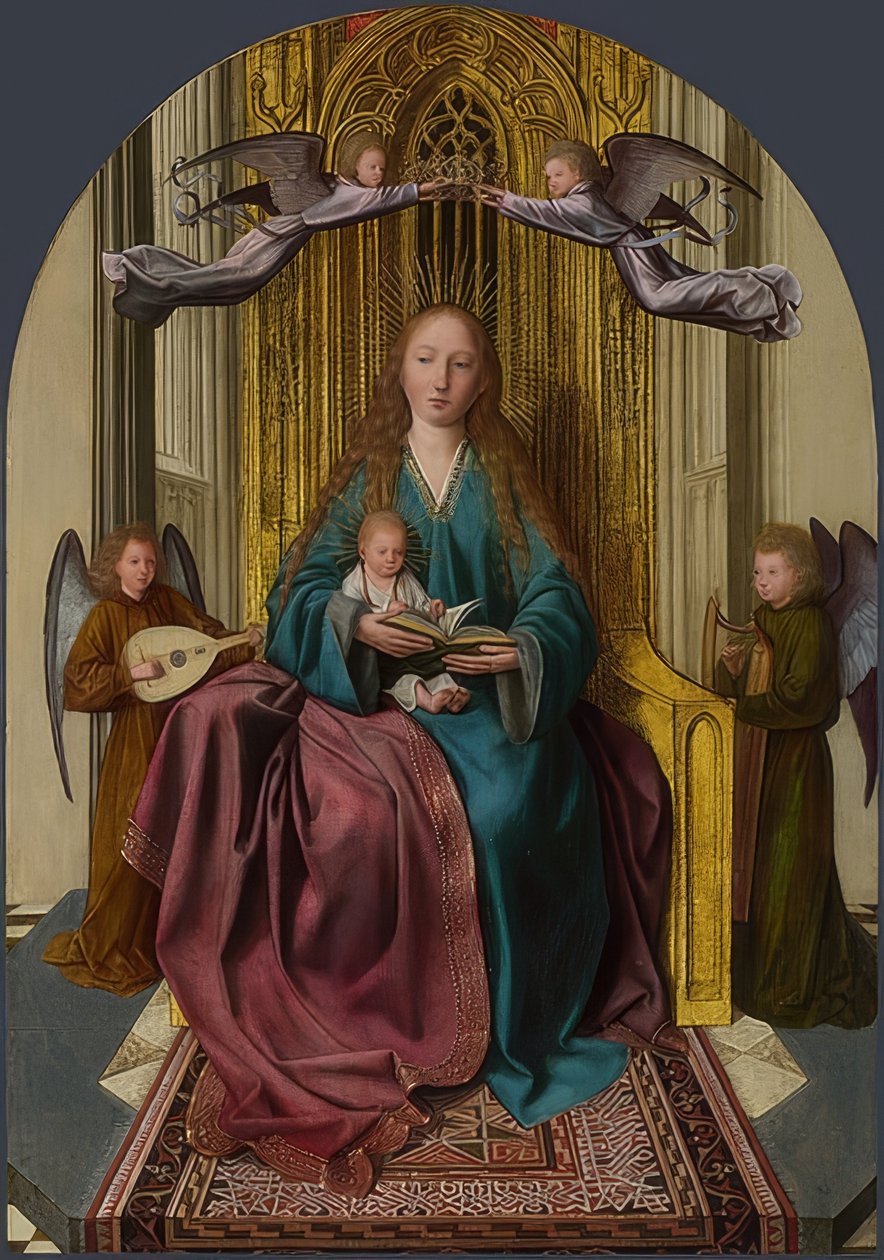 Madonna e criança entronizada com quatro anjos. Por volta de 1506-09 de Quinten Massys