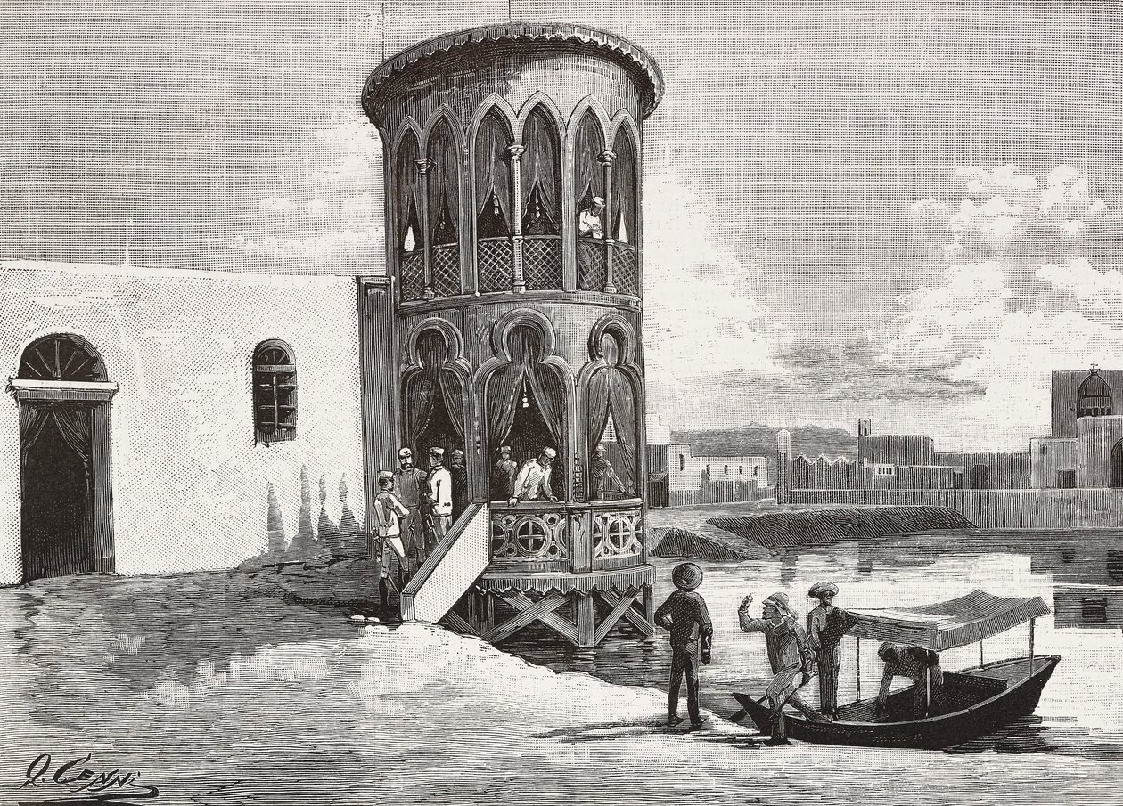 Uma pequena torre moura que acolhe o clube dos dirigentes italianos, Massawa, Eritreia, gravada a partir de um desenho de Quinto Cenni e de um esboço de Pieragostini, de L