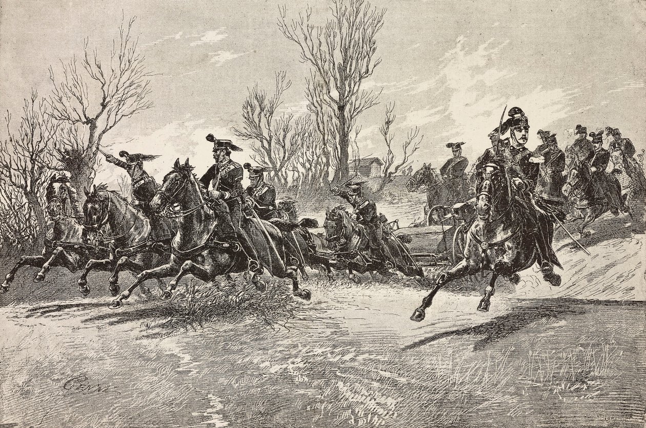 Artilharia a cavalo, exército italiano, gravura de desenho de Quinto Cenni, de L