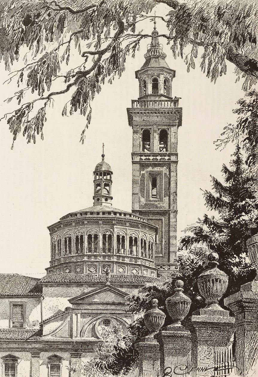 Beata Vergine dei Miracoli Sanctuary, Saronno, Itália, gravura de um desenho de Quinto Cenni, de L