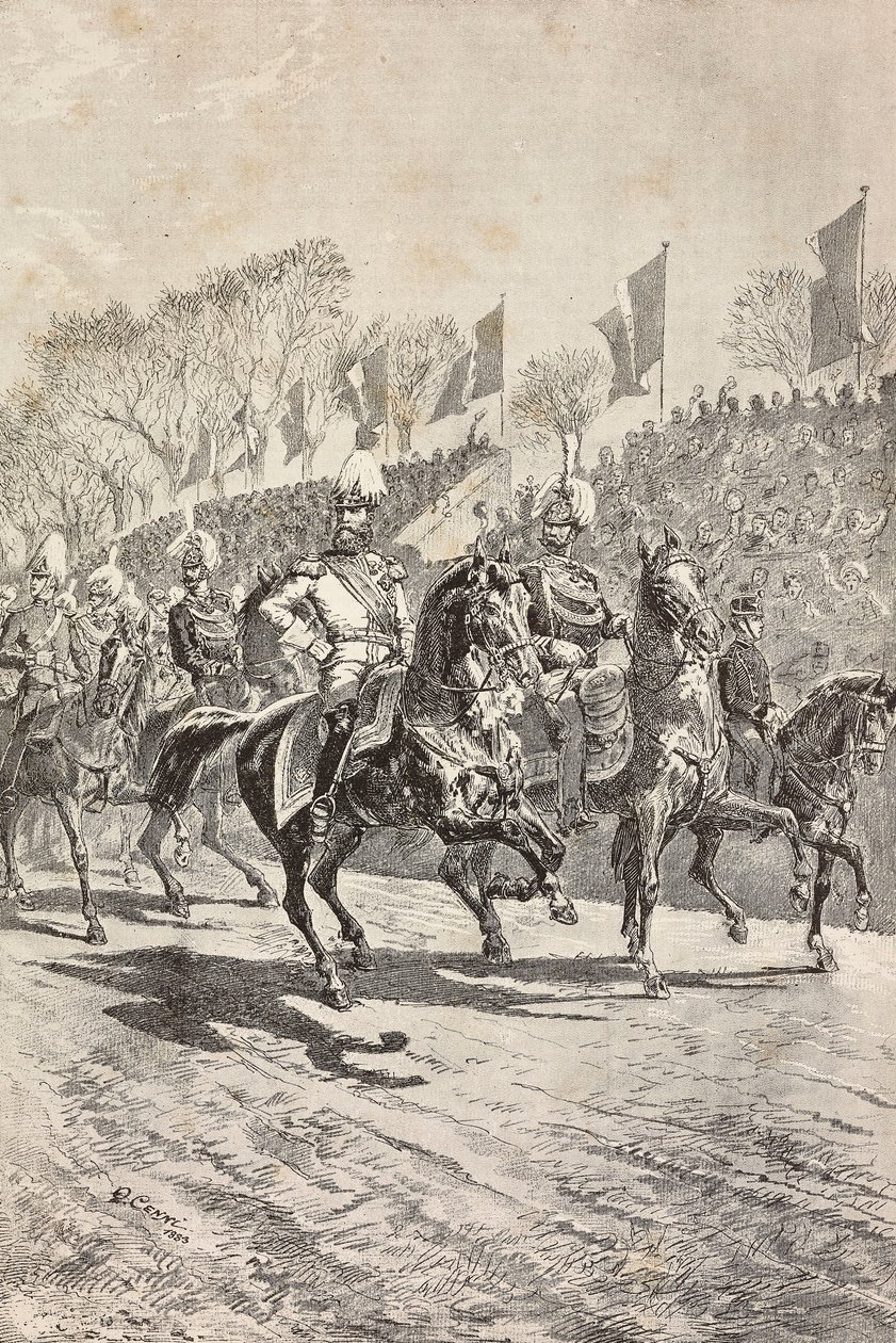 Chefes de Gabinete entrando no desfile, comemoração da visita do príncipe herdeiro da Alemanha (futuro Frederico III) a Roma, Itália, gravura de desenho de Quinto Cenni, de L