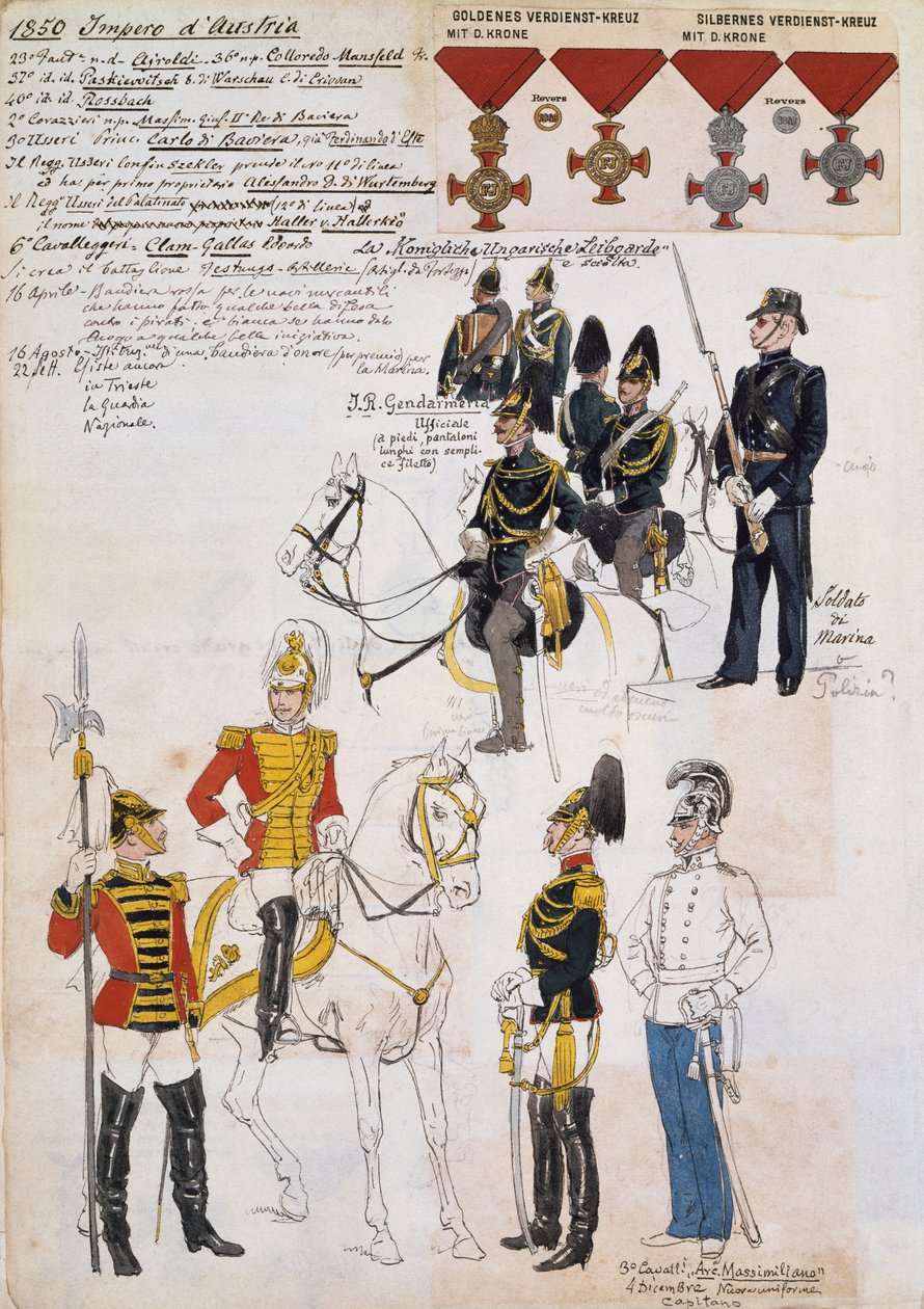 Gendarmes, soldados da marinha e oficiais do 3º Regimento de Cavalaria do Arquiduque Maximiliano, uniformes do Império Austríaco de Quinto Cenni
