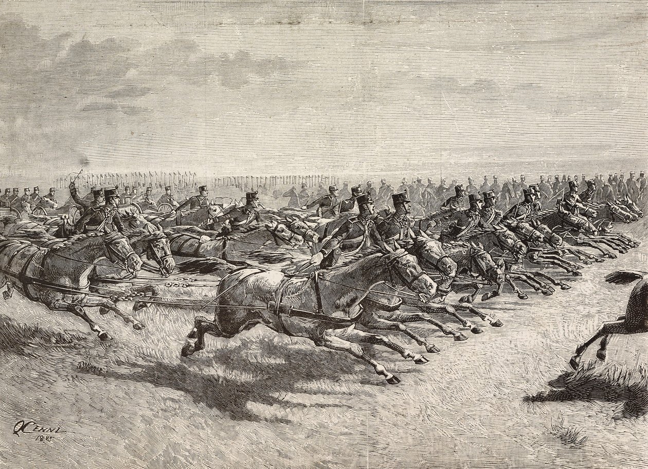 Artilharia a cavalo do exército italiano passando a galope total, Lombardia, Itália, gravura de um desenho de Quinto Cenni, de L