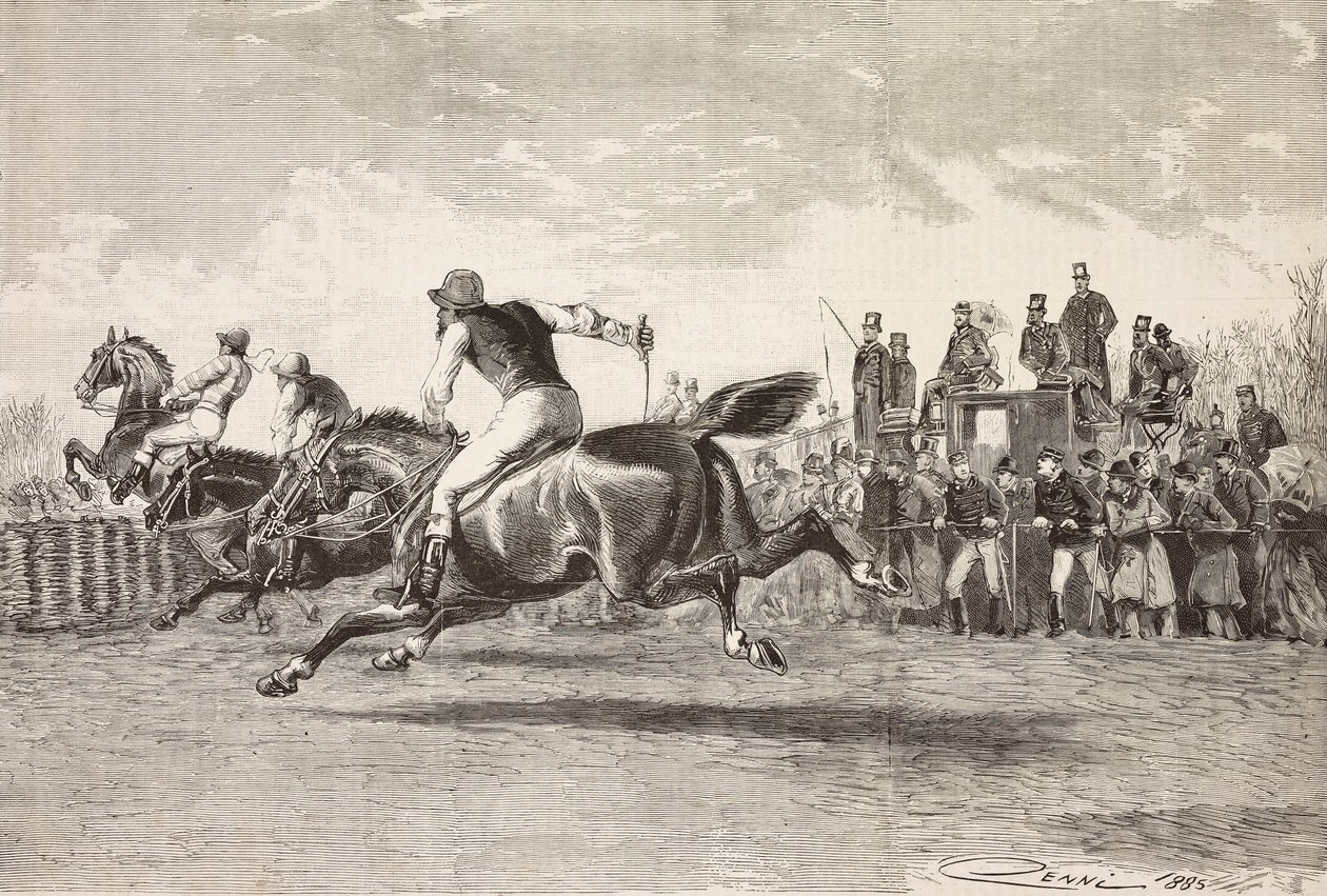 Corrida de cavalos no parque de Villa Arconati, Castellazzo, Itália, gravura de desenho de Quinto Cenni, de L