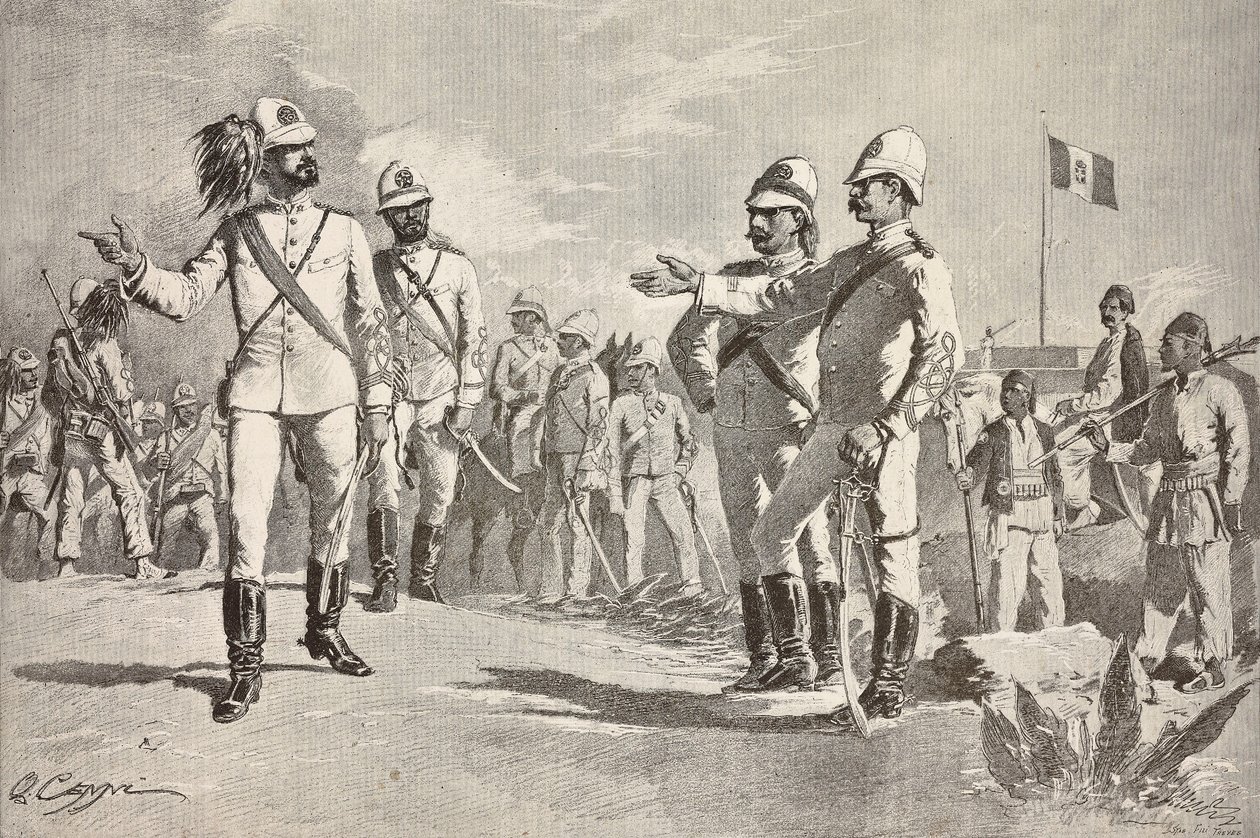 Soldados italianos e locais, em uniformes do exército italiano em África, Massawa, Eritreia, gravura de um desenho de Quinto Cenni, de L