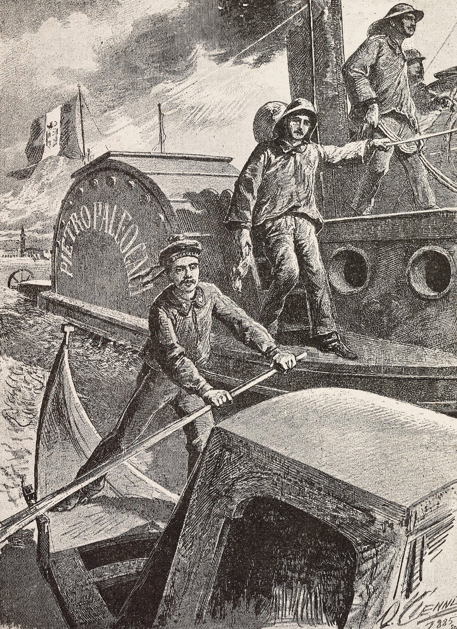 Engenheiros militares italianos, brigada lagunar, a trabalhar nos seus novos uniformes, gravura de desenho de Quinto Cenni, de L