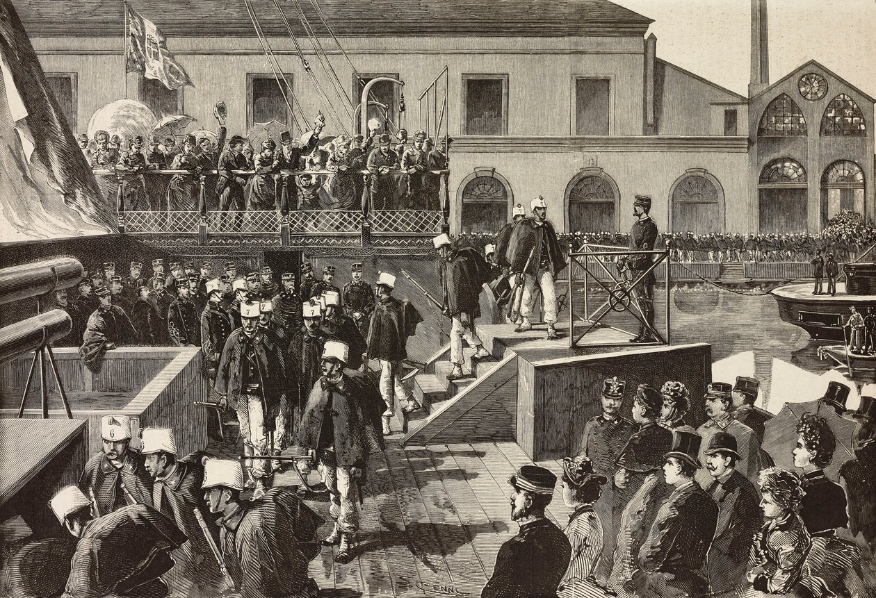 Soldados italianos embarcando no navio Washington, Nápoles, Itália, terceira expedição italiana no Mar Vermelho, gravura de desenho de Quinto Cenni e esboço de M Del Don, de L