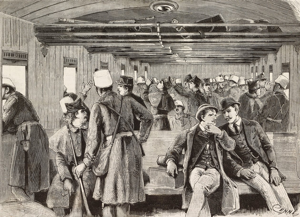 Soldados italianos em comboio com destino a Nápoles, Itália, segunda expedição italiana no Mar Vermelho, gravura de desenho de Quinto Cenni e esboço de M Dal Don, de L
