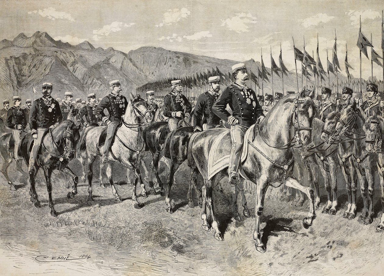 Rei Umberto I inspecionando lanceiros de Florença, com o General Martin di Montu atrás de si, 28 de setembro, exercícios de cavalaria em Pordenone, Itália, gravura de desenho de Quinto Cenni, de L