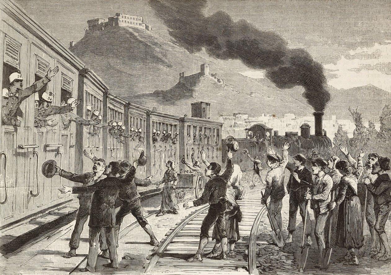Homens e mulheres despedindo-se dos soldados italianos que partem da estação ferroviária de Cassino, Itália, gravura de desenho de Quinto Cenni e esboço de M Dal Don, de L