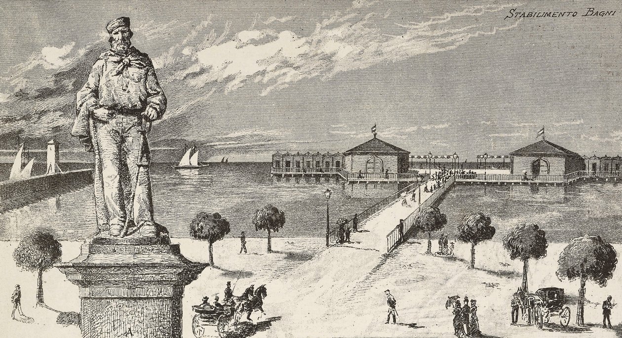 Monumento em memória de Giuseppe Garibaldi (1807-1882), político e patriota italiano, e estabelecimento balnear em segundo plano, Cesenatico, Itália de Quinto Cenni