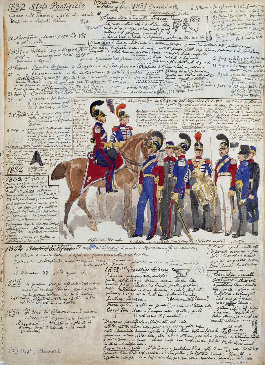 Oficiais e cadetes a pé e a cavalo, uniformes dos Estados Pontifícios de Quinto Cenni