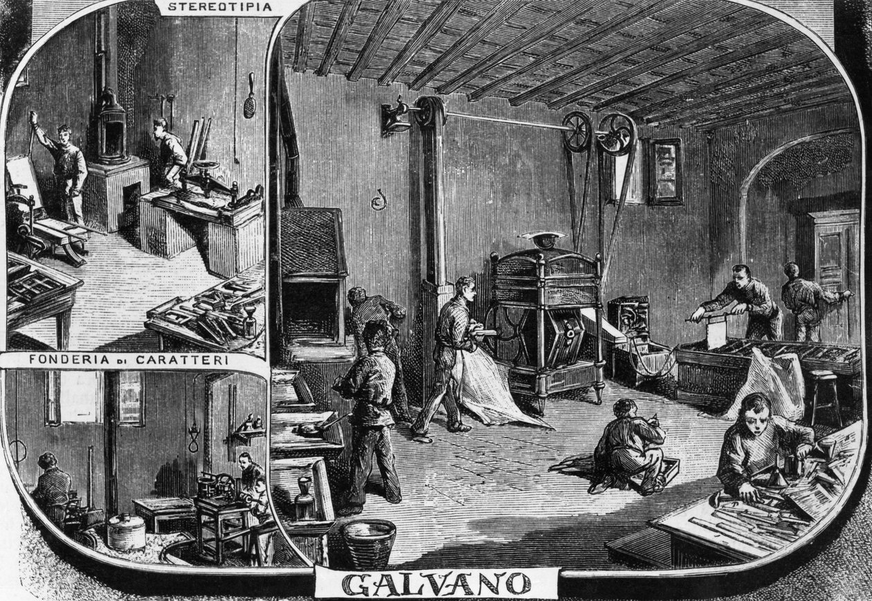 Escritórios dos irmãos Treves, departamento de fundição de fontes e impressão de estereótipos, Milão, Itália, ilustração de Quinto Cenni (1845-1917) de L