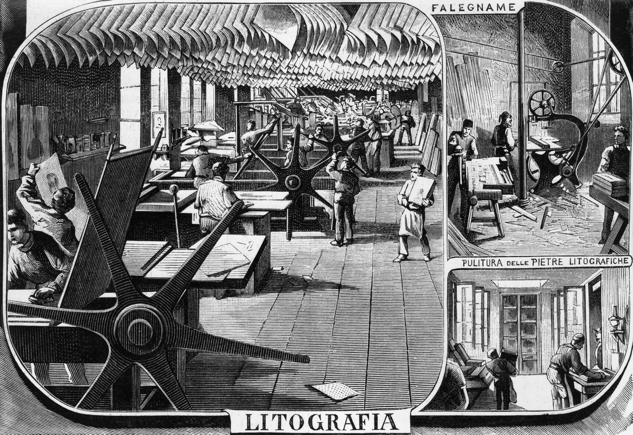 Escritórios dos irmãos Treves, departamento de litografia, Milão, Itália, ilustração de Quinto Cenni (1845-1917) de L