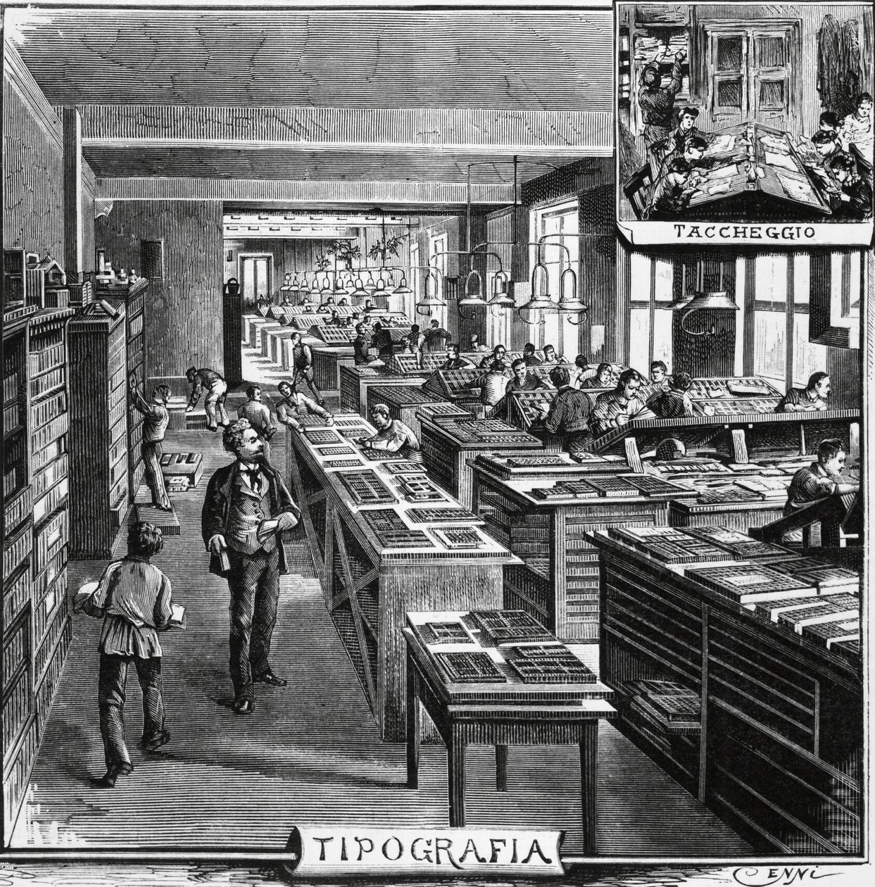 Escritórios dos irmãos Treves, tipografia e sobreposições, Milão, Itália, ilustração de Quinto Cenni (1845-1917) de L