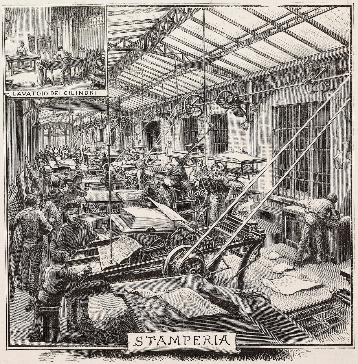 Gráfica na editora Fratelli Treves, Milão, Itália, gravura de desenho de Quinto Cenni, de L