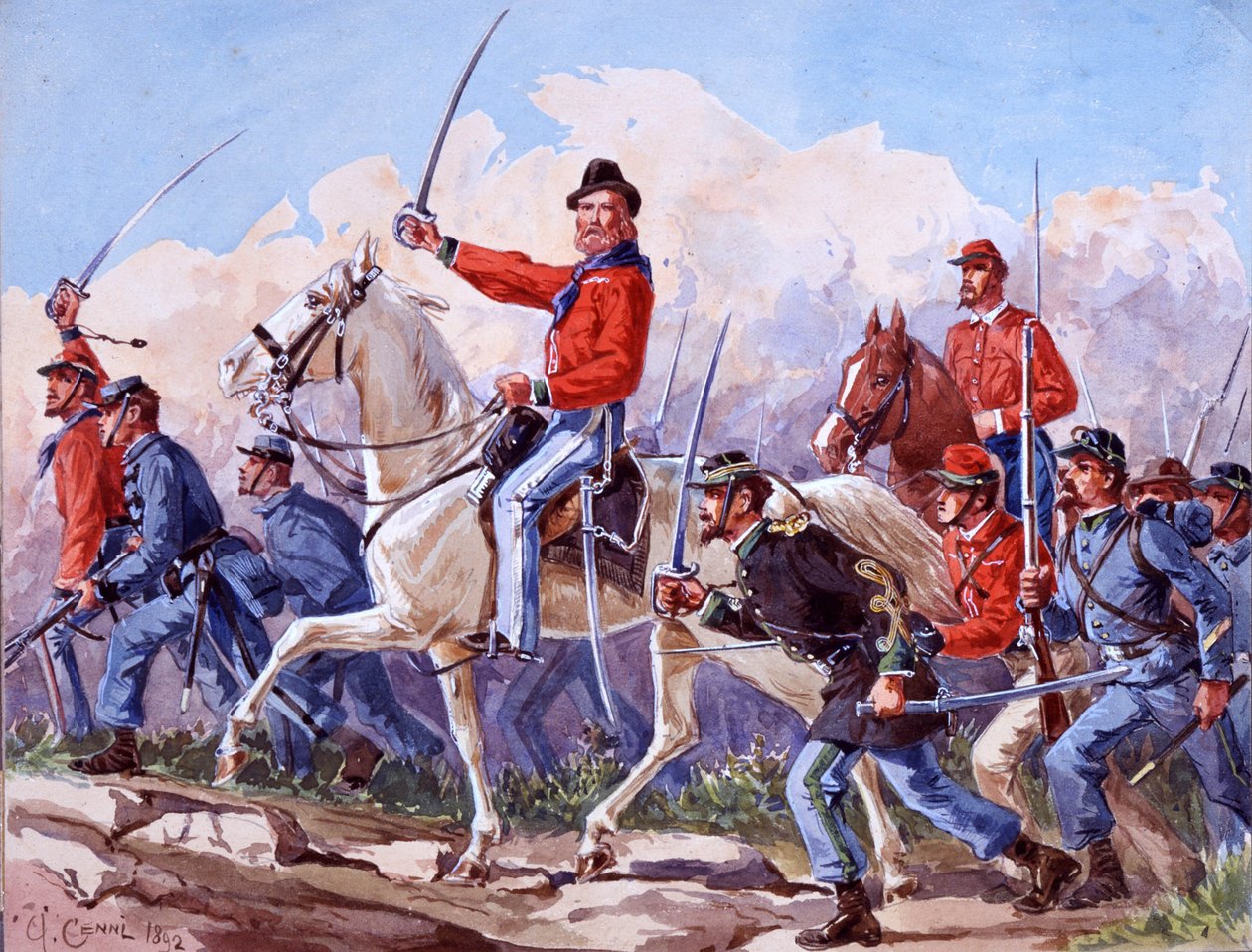 Risorgimento: as tropas de Giuseppe Garibaldi (1807-1882) marcham sobre Roma. Aguarela de Quinto Cenni 1892 de Quinto Cenni