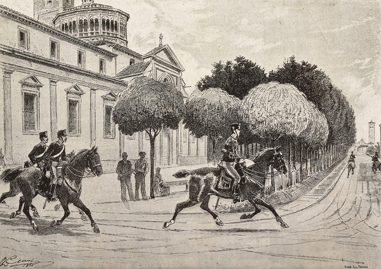 Soldados a cavalo passando em frente ao Santuário Beata Vergine dei Miracoli, Saronno, Itália, gravura de um desenho de Quinto Cenni, de L