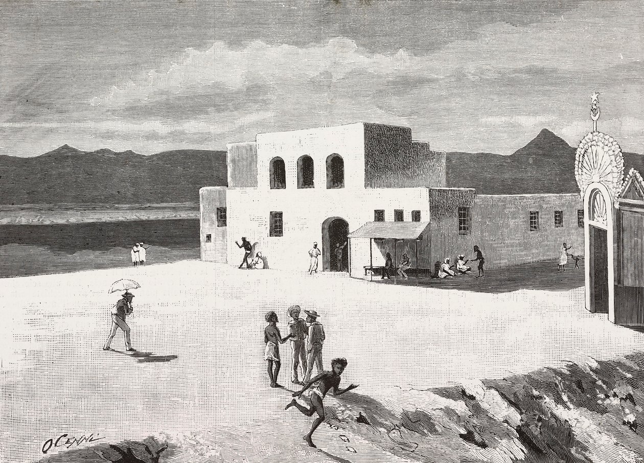 O edifício dos Correios italianos, Massawa, Eritreia, gravura de um desenho de Quinto Cenni e um esboço de Pieragostini, de L