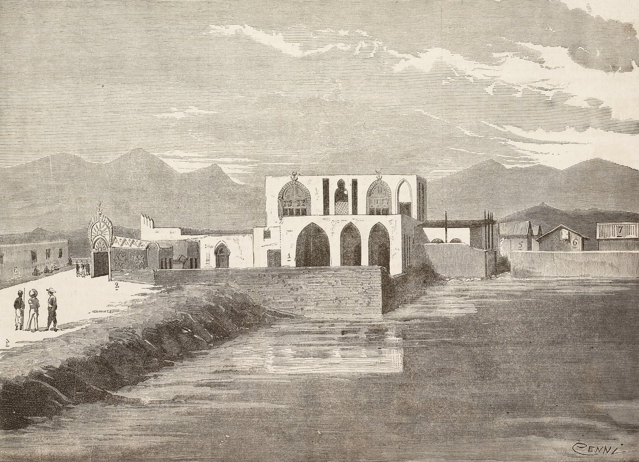 O palácio do vice-governador italiano, Massawa, Eritreia, gravura de um desenho de Quinto Cenni e um esboço de Pieragostini, de L