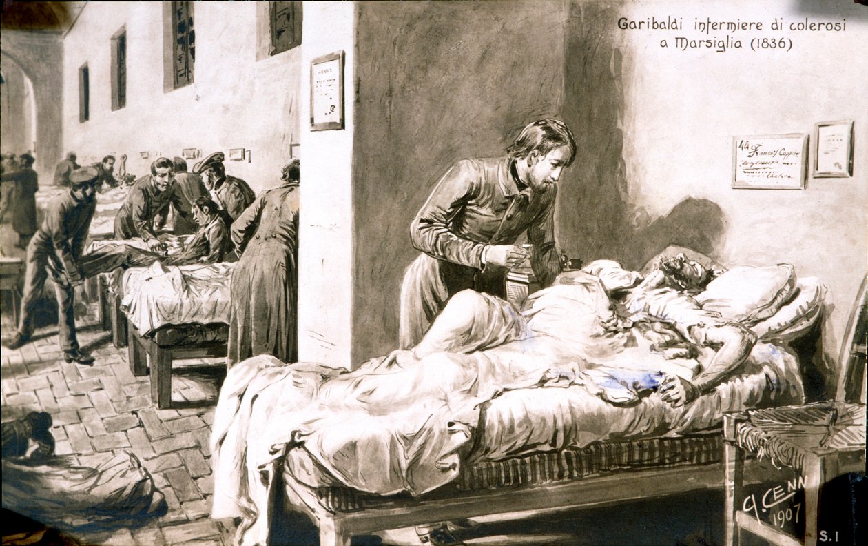 O patriota italiano Giuseppe Garibaldi (1807-1882) enfermeiro, sob o nome de Pan-Borel (Pane Borel), aos doentes de cólera em Marselha em 1836. Cartão postal da Coleção Privada do século XIX de Quinto Cenni