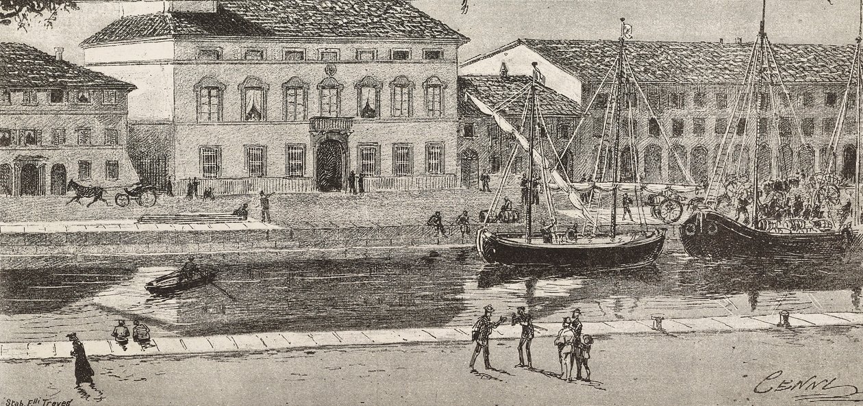 A Câmara Municipal e o canal do porto, Cesenatico, Itália, gravura de um desenho de Quinto Cenni e um esboço de Ulisse Topi, de L