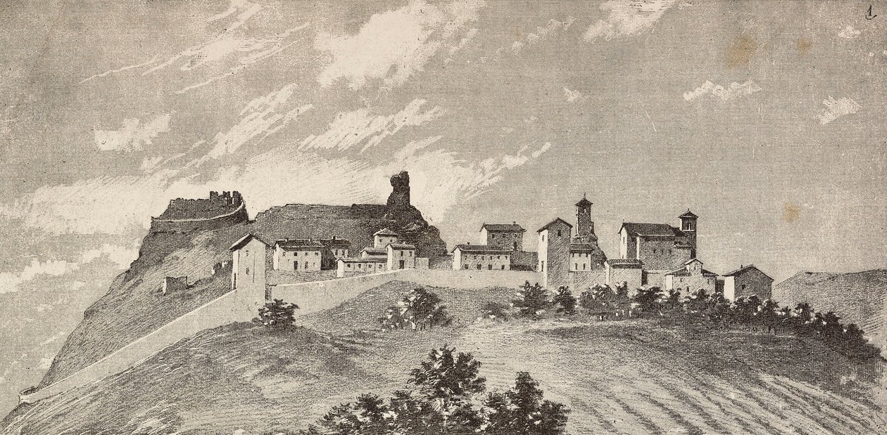 A cidade de San Giovanni na Galileia, Itália, gravura a partir de um desenho de Quinto Cenni e um esboço de Ulisse Topi, de L
