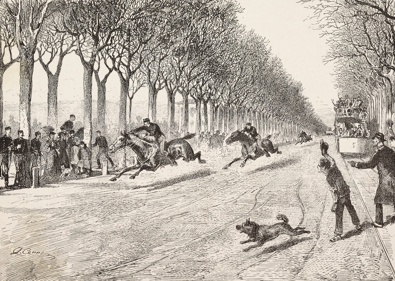 Três oficiais da resistência participantes na corrida de cavalos, terceiro regimento Savoy, entre Milão e Monza, Itália, gravura de desenho de Quinto Cena, de L