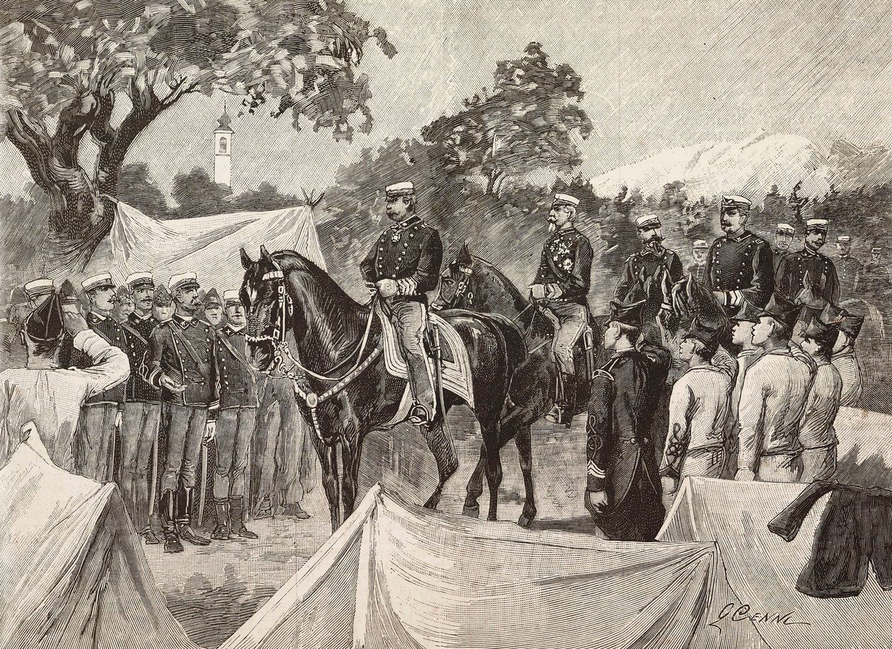 Umberto I (1844-1900), Rei da Itália, com alguns oficiais, visitando campos militares, 11 de Setembro de Quinto Cenni