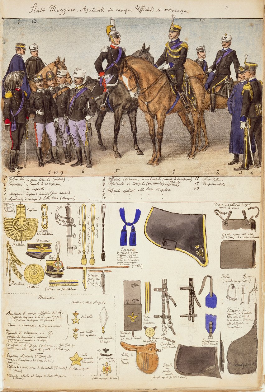 Uniformes do Estado-Maior, ajudantes-de-campo e oficiais do Reino de Itália, placa colorida por Quinto Cenni de Quinto Cenni