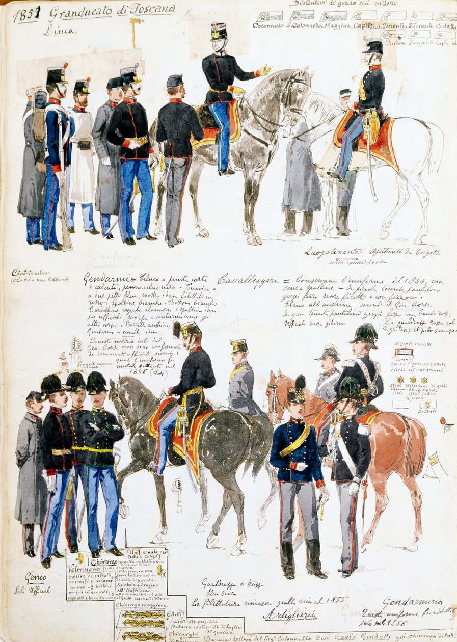 Uniformes do Grão-Ducado da Toscana em 1851, placa tirada do códice Cenni, coleção de esboços militares desenhados por Quinto Cenni (1845-1917) de Quinto Cenni