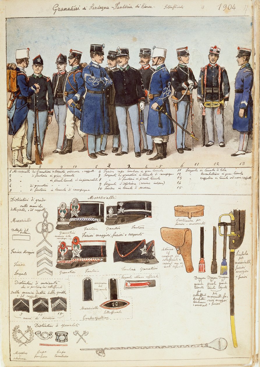 Fardas de Grenadiers da Sardenha, infantaria de linha, oficiais não comissionados do Reino da Itália, placa colorida por Quinto Cenni de Quinto Cenni
