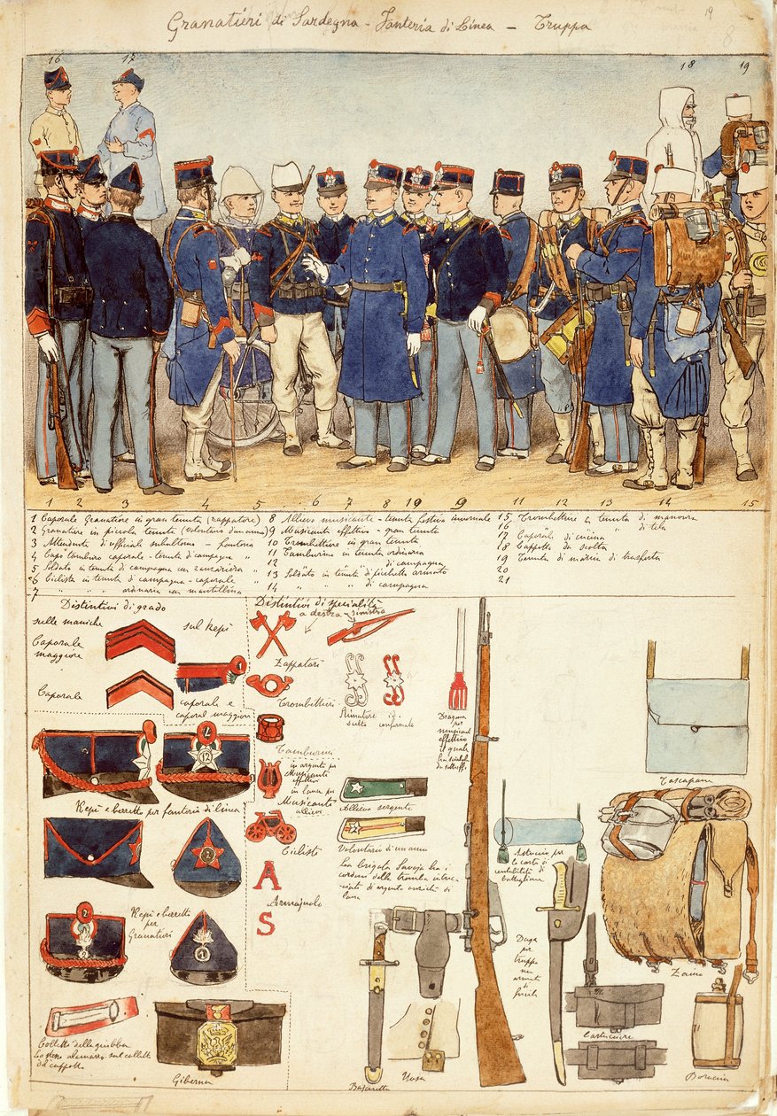 Fardas de Grenadiers da Sardenha, infantaria de linha, tropa do Reino da Itália, placa colorida por Quinto Cenni de Quinto Cenni