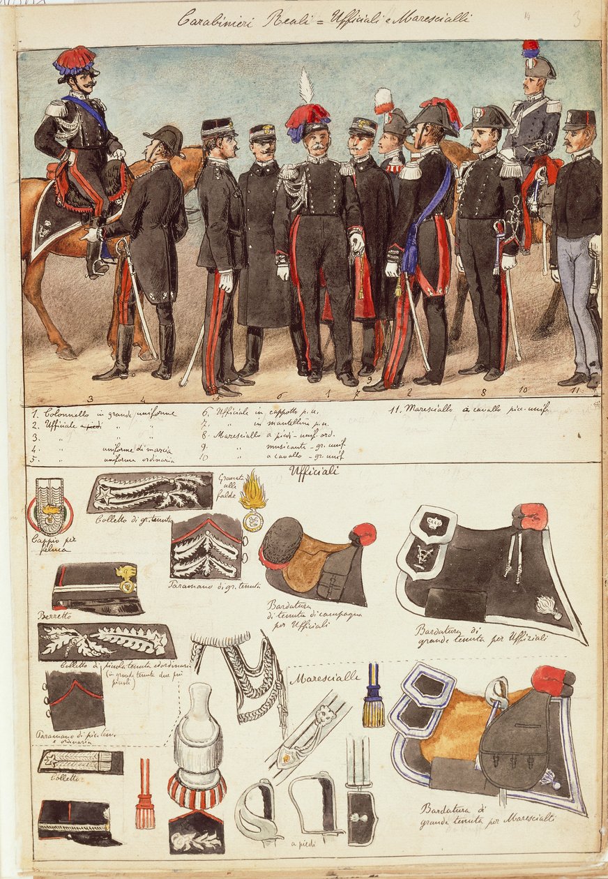 Uniformes do Royal Carabinieri, oficiais e sargentos do Reino de Itália, placa colorida por Quinto Cenni de Quinto Cenni