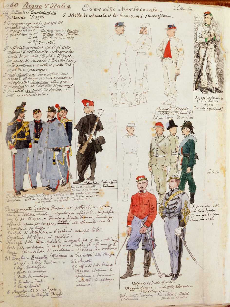 Uniformes do exército do sul da Itália do governo provisório de Quinto Cenni, placa colorida de Quinto Cenni