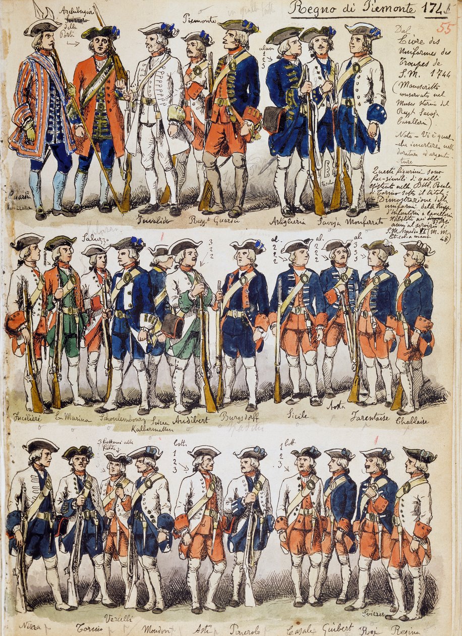 Uniformes das tropas do Reino do Piemonte em 1744, placa retirada do Códice Cenni, colecção de esboços militares desenhados por Quinto Cenni (1845-1917) de Quinto Cenni