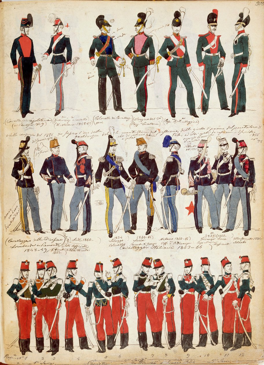 Vários uniformes italianos de uso comum por volta de 1860 por Quinto Cenni, placa de cor de Quinto Cenni