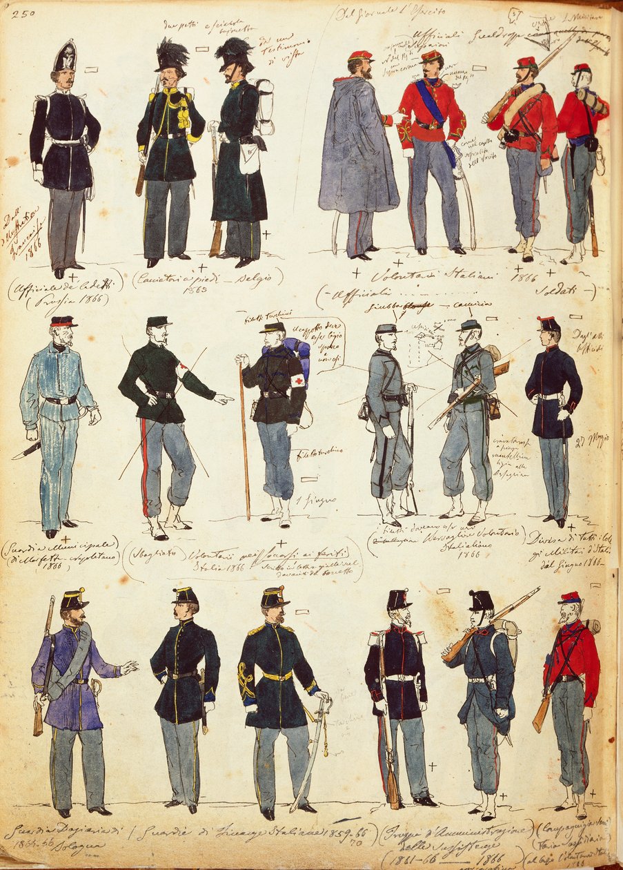 Vários uniformes italianos de uso comum entre 1859 e 1866 por Quinto Cenni, placa de cor de Quinto Cenni