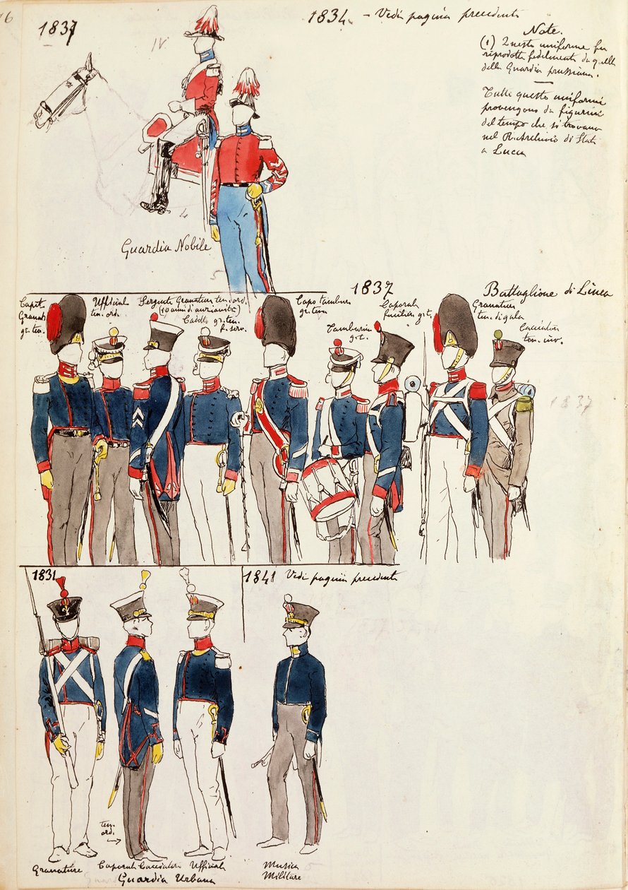 Vários uniformes, por Quinto Cenni, placa de cor, cerca de 1834-1841 de Quinto Cenni